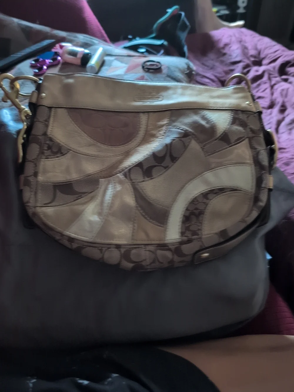 Coach Metallic Patchwork Hobo Bag - Champagne and Taupe